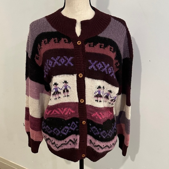 Artesanias Sweaters - VTG Multicolor Cardigan Hand Knit Sweater 100% Baby Alpaca Wool M/L Peru
